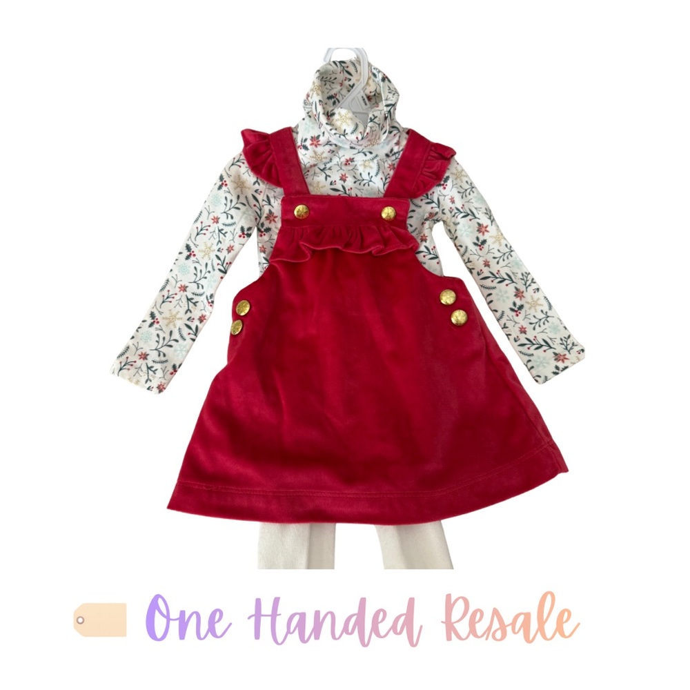 🎄Tahari Dark Red Holiday Dress Set w/ Floral Long Sleeve & Tights Christmas 3-6M
